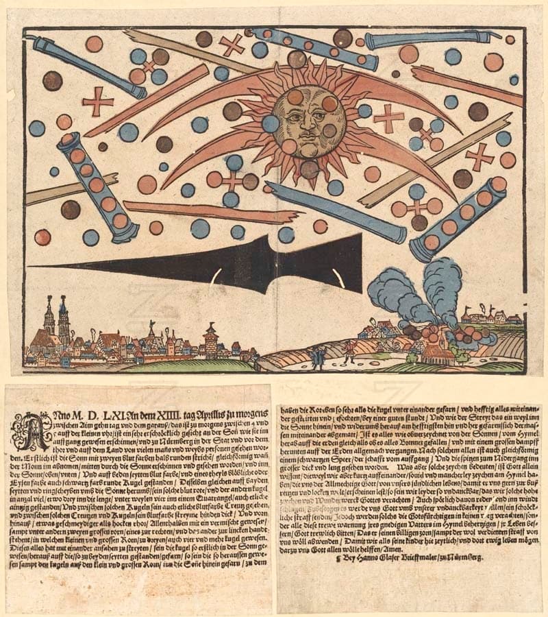 Hans Glaser's 1561 woodcut showing the air battle over Nuremberg.